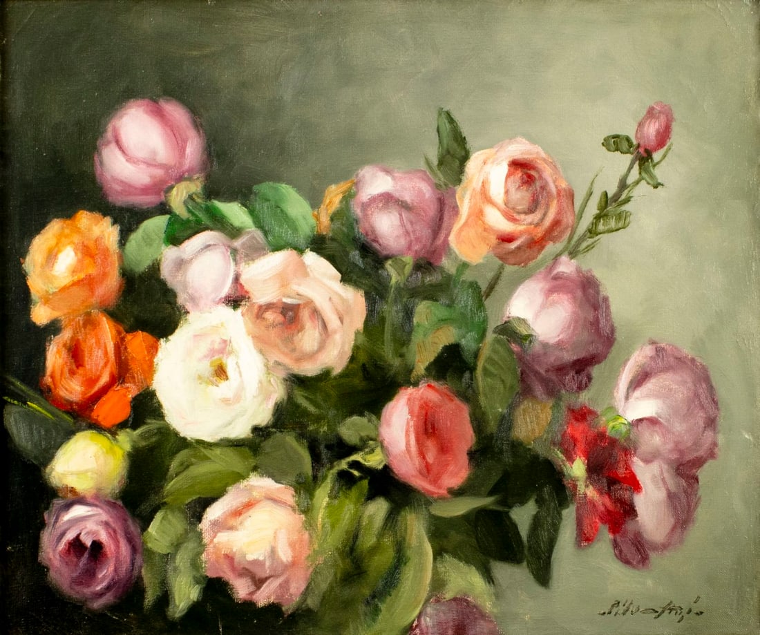 Dante Silvestri (US,20C) oil painting: ARTIST: Dante Silvestri (American, 20 century) TITLE: Still Life with Roses MEDIUM: oil on canvas CONDITION: Few minor paint losses. Some craquelure. No visible inpaint unde