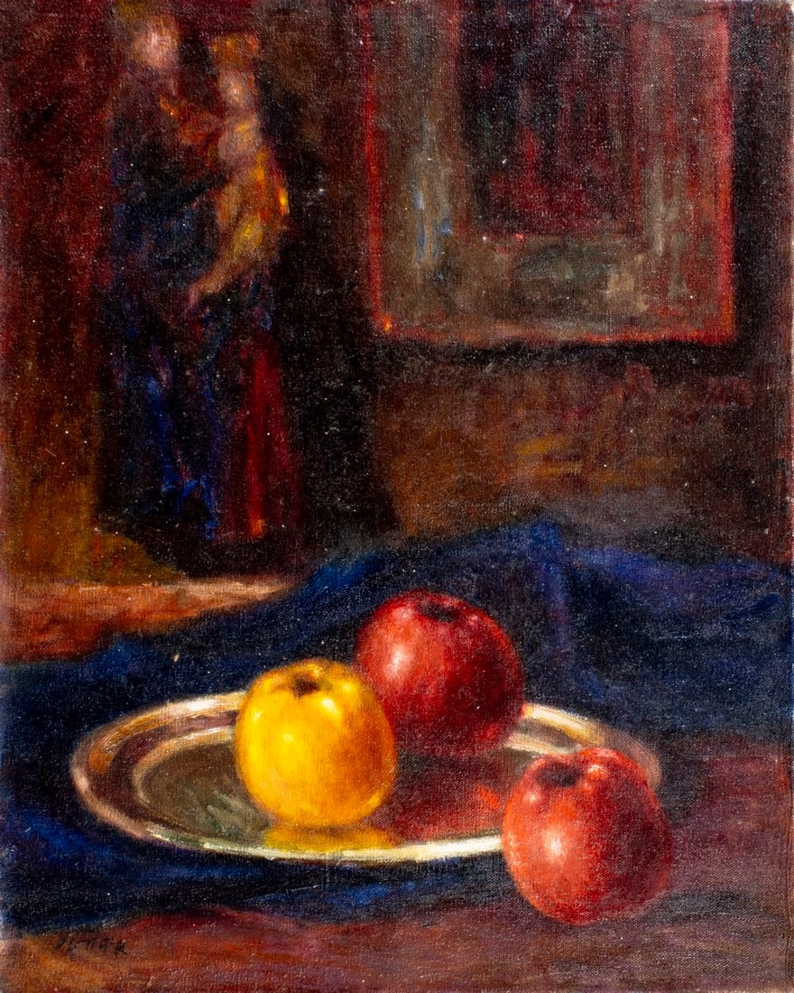 V Putter (Europe,20C) oil painting: ARTIST: V Putter (European, 20 century) TITLE: Still Life with Apples MEDIUM: oil on canvas CONDITION: Unstretched (In-House stretching available). Few minor paint losses. V