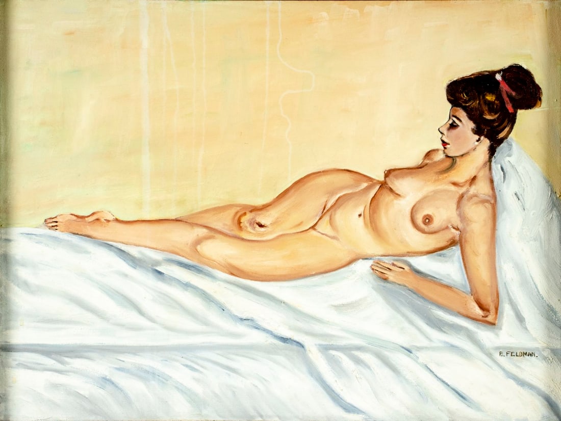 E Feldman (US,20C) oil painting: ARTIST: E Feldman (American, 20 century) TITLE: Reclining Nude MEDIUM: oil on canvas CONDITION: Minor craquelure. No visible inpaint under UV light. ART SIZE: