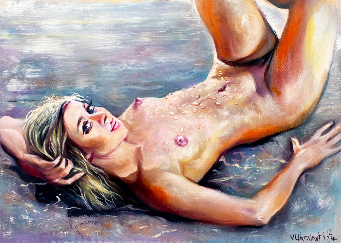 Valentin Ukrainets (Ukraine,b 1965) oil painting: ARTIST: Valentin Ukrainets (Ukrainian, born 1965) TITLE: Nude - Fair-haired Beauty (titled on verso) MEDIUM: oil on canvas CONDITION: Unstretched (In-House stretching availa