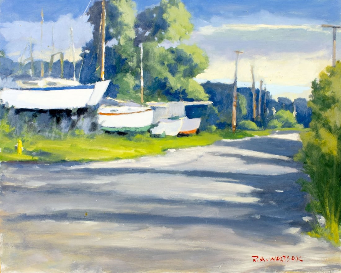 Robert Waltsak (NJ,b 1944) oil painting: ARTIST: Robert Alan Waltsak (New Jersey, born 1944) TITLE: Boat Yard MEDIUM: oil on board CONDITION: Few minor paint losses. No visible inpaint under UV light. AR