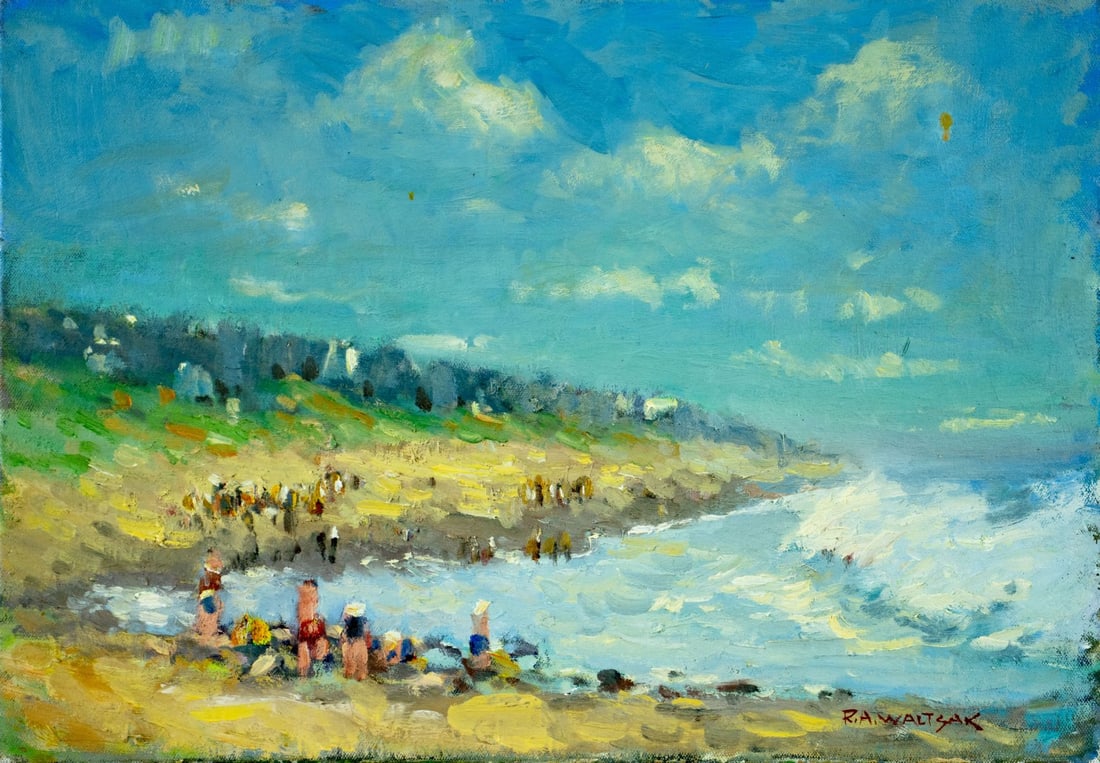 Robert Waltsak (NJ,b 1944) oil painting: ARTIST: Robert Alan Waltsak (New Jersey, born 1944) TITLE: Beach Landscape MEDIUM: oil on canvas CONDITION: Missing a few flakes of paint. No visible inpaint under UV light.
