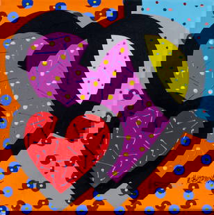 Valter de Morais (Brazil,FL,b 1948) acrylic painting: ARTIST: Valter de Morais (Brazilian, Florida, born 1948) TITLE: Hearts YEAR: 2007 MEDIUM: acrylic on canvas CONDITION: Very good. No visible inpaint unde