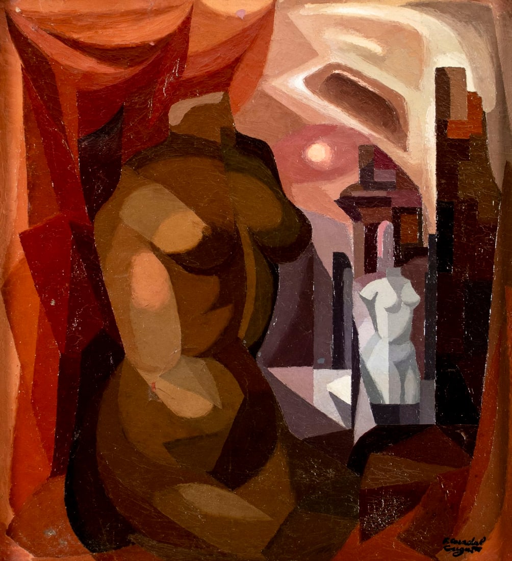 Francesc Coradel Cugat (NY,CA,Spanish,1893-1981) oil painting: ARTIST: Francesc Coradel Cugat (New York, California, Spain, 1893 - 1981) TITLE: Memories (titled on verso) MEDIUM: oil on canvas. Canvas applied to board. CONDITION: Some