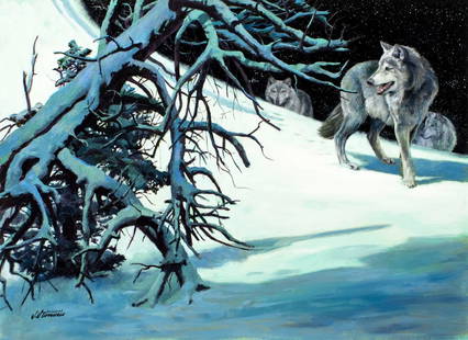 Shannon Stirnweis (AZ,NY,NH,OR,1931-2019) oil painting: ARTIST: Shannon Stirnweis (Arizona, New York, New Hampshire, Oregon, 1931 - 2019) TITLE: Grey Wolf YEAR: 1986 MEDIUM: oil on board CONDITION: Minor dam