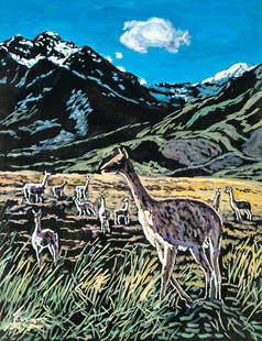 Evelyn Metzger (NY,Brazil,1911-2007) oil painting: ARTIST: Evelyn Borchard Metzger (New York, Brazilian, 1911 - 2007) TITLE: Llamas (titled on verso) YEAR: 1995 MEDIUM: oil on board CONDITION: Some dama