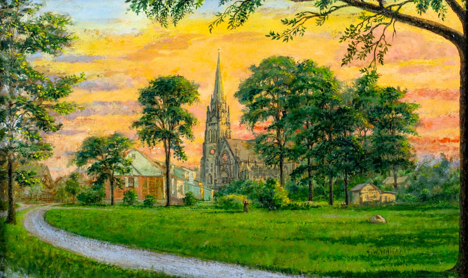 George William Whitaker (RI,NY,MA,1841-1916) oil painting antique: ARTIST: George William Whitaker (Rhode Island, New York, Massachusetts, 1841 - 1916) TITLE: Sunset Cityscape MEDIUM: oil on board CONDITION: Few minor paint losses. Some s