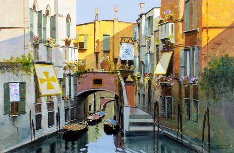Raimondo Roberti (Italy,1947-?) oil painting: ARTIST: Raimondo Roberti (Italian, 1947 - ???) TITLE: Venice Canal Cityscape, Italy MEDIUM: oil on canvas CONDITION: Unstretched (In-House stretching available). Few minor
