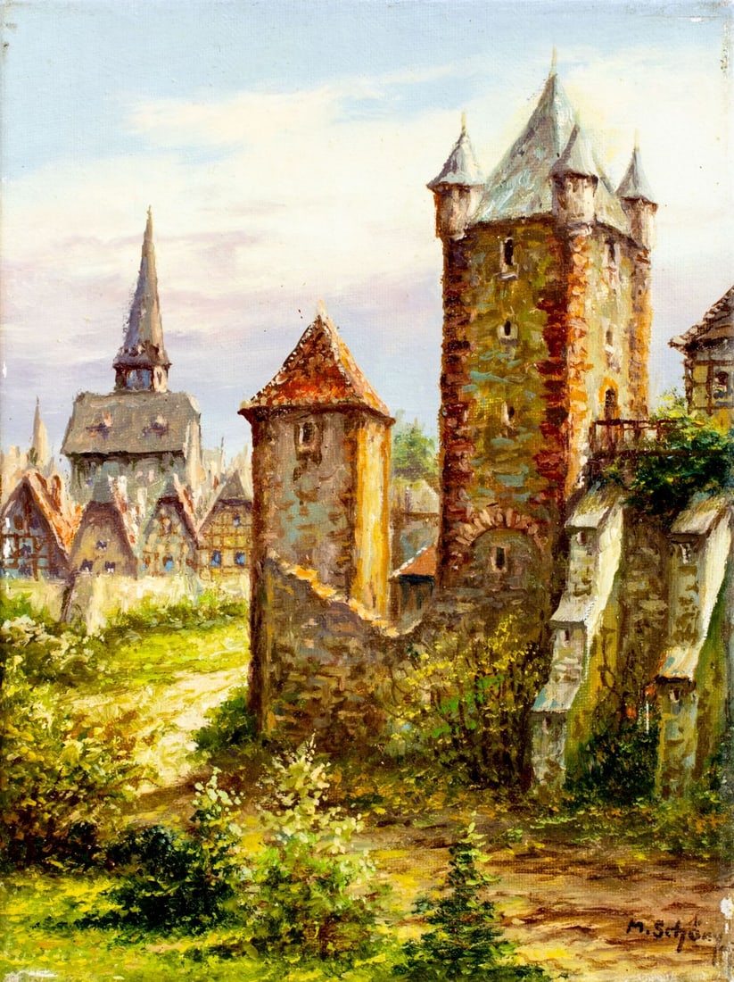 M Schony (German,1913-?) oil painting: ARTIST: M Schony (Germany, 1913 - ???) TITLE: Cityscape MEDIUM: oil on canvas CONDITION: Few small paint losses along edges. No visible inpaint under UV light.