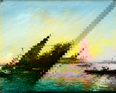 Albert Ferdinand Duprat (Italy,1882-1974) oil painting: ARTIST: Albert Ferdinand Duprat (Italian, 1882 - 1974) TITLE: Sunset Venice Cityscape, Italy MEDIUM: oil on canvas CONDITION: Some patches. Some paint losses. Some craquel