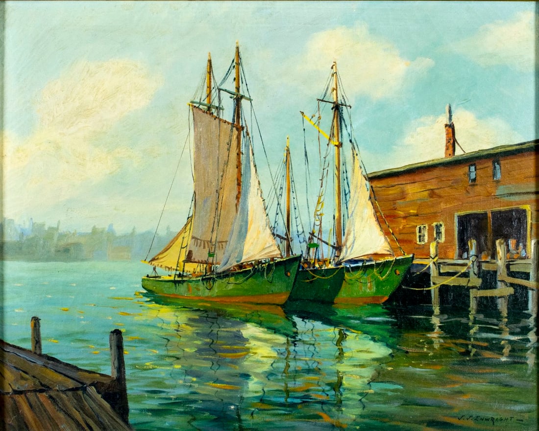 Hjalmar Cappy Amundsen (ME,NY,MA,1911-2001) oil painting: ARTIST: Hjalmar Cappy Amundsen (Maine, New York, Massachusetts, 1911 - 2001) TITLE: Harbor Scene with Sailboats MEDIUM: oil on canvas CONDITION: One small patch. Few mino