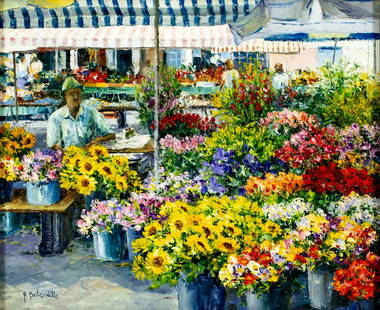 Roger Bolzonello (Italy,1944-?) oil painting: ARTIST: Roger Bolzonello (Italian, 1944 - ???) TITLE: Flower Market, Nice, France MEDIUM: oil on canvas CONDITION: Very good. No visible inpaint under UV light. Normal wea