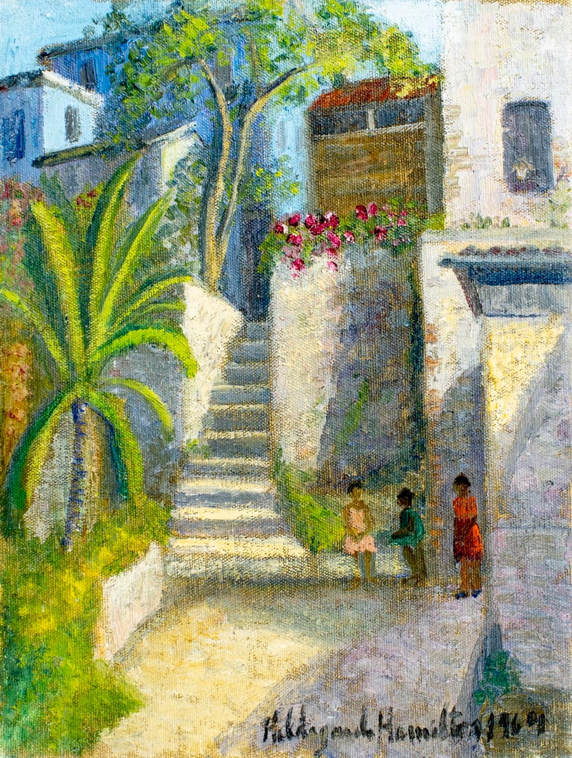 Hildegarde Hamilton (FL,VA,1898-1970) oil painting: ARTIST: Hildegarde Hume Hamilton (Florida, Virginia, 1898 - 1970) TITLE: Off Gore St. Grenada (titled on verso) YEAR: 1964 MEDIUM: oil on canvas CONDITION: