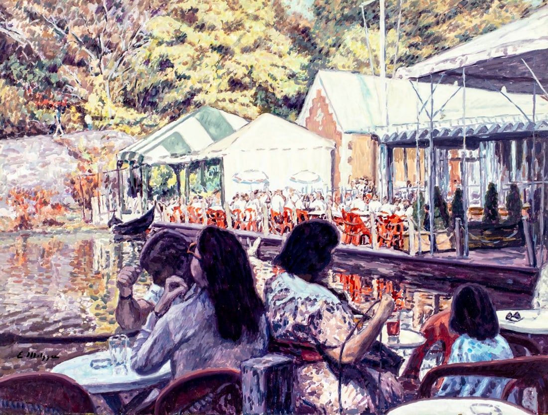 Evelyn Metzger (NY,Brazil,1911-2007) oil painting: ARTIST: Evelyn Borchard Metzger (New York, Brazilian, 1911 - 2007) TITLE: Cafe Scene, Central Park, NY MEDIUM: oil on board CONDITION: Some small damages to the lower corn