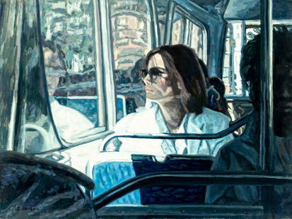 Evelyn Metzger (NY,Brazil,1911-2007) oil painting: ARTIST: Evelyn Borchard Metzger (New York, Brazilian, 1911 - 2007) TITLE: Woman in Public Transport MEDIUM: oil on board CONDITION: Some damages to corners. Few small scra