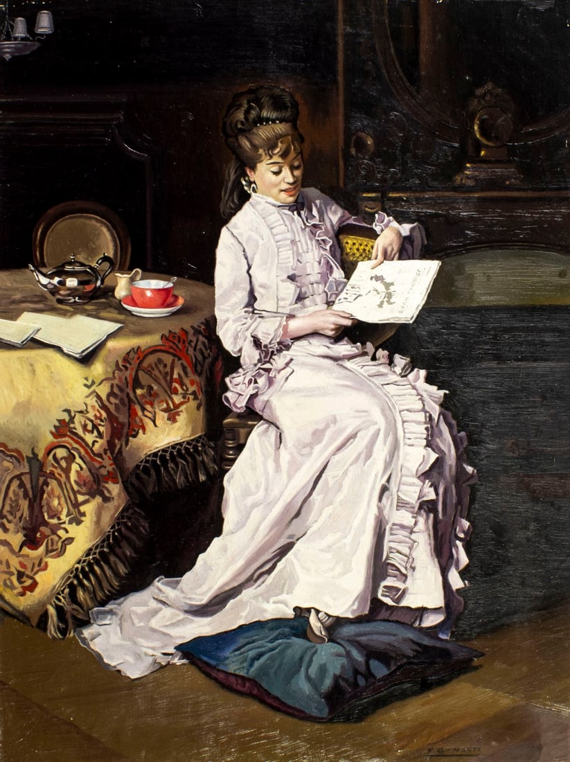 F G Manti (Europe,20C) oil painting: ARTIST: F G Manti (European, 20 century) TITLE: Woman Reading Newspaper MEDIUM: oil on canvas CONDITION: Unstretched (In-House stretching available). Some paint losses (see