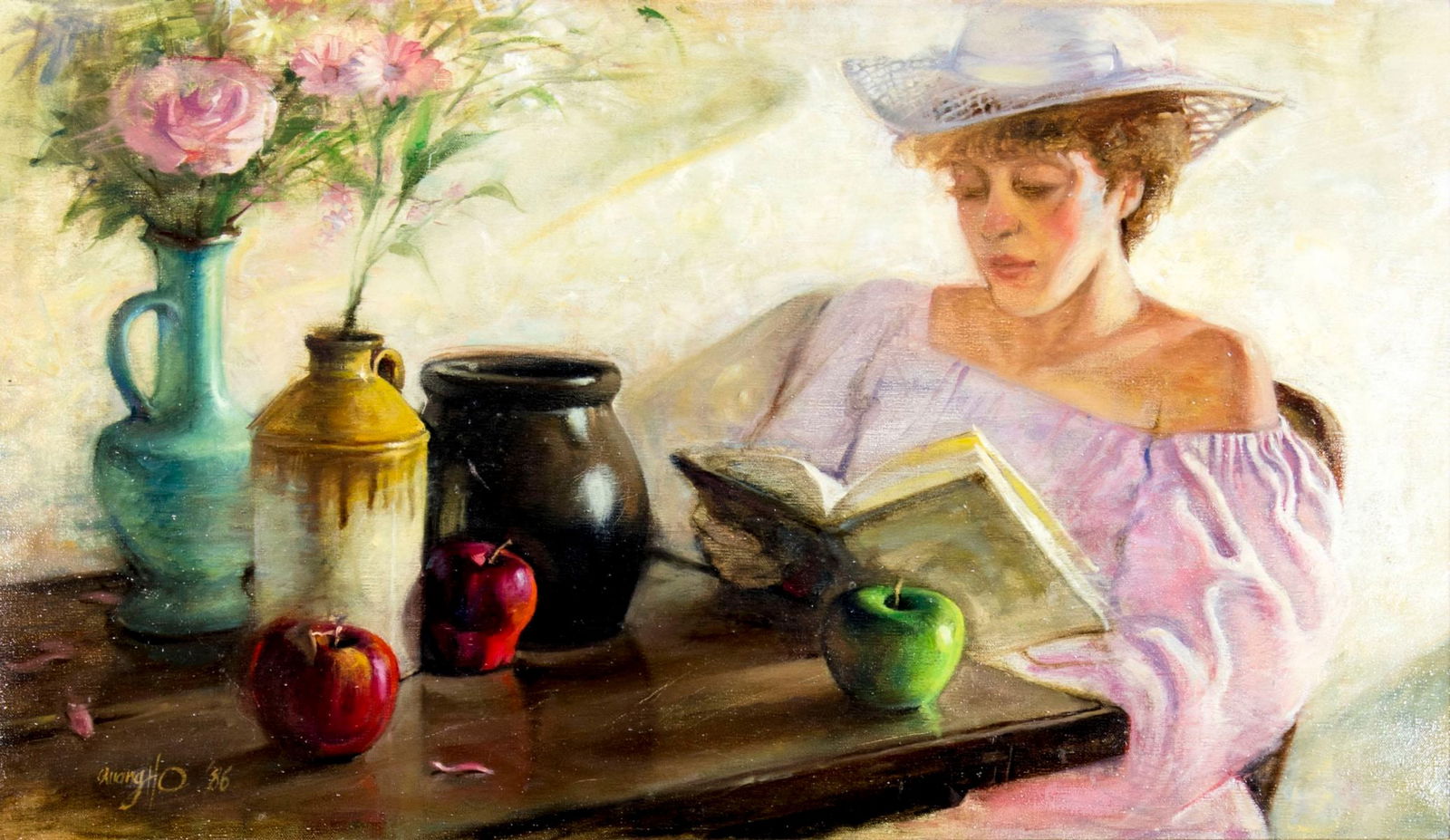 Quang Ho (CO,Vietnam,b 1963) oil painting: ARTIST: Quang Ho (Colorado, Vietnamese, born 1963) NAME: Woman Reading Book YEAR: 1986 MEDIUM: oil on canvas CONDITION: Few minor sctratches. No visible inpaint under UV