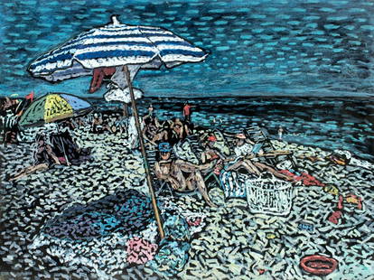 Evelyn Metzger (NY,Brazil,1911-2007) oil painting: ARTIST: Evelyn Borchard Metzger (New York, Brazilian, 1911 - 2007) TITLE: Beach Scene MEDIUM: oil on board CONDITION: Some small damages to corners. Few minor paint losses