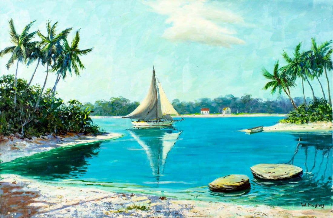 Hjalmar Cappy Amundsen (ME,NY,MA,1911-2001) oil painting: ARTIST: Hjalmar Cappy Amundsen (Maine, New York, Massachusetts, 1911 - 2001) TITLE: Tropical River Landscape with Sailboat MEDIUM: oil on canvas CONDITION: Unstretched (I