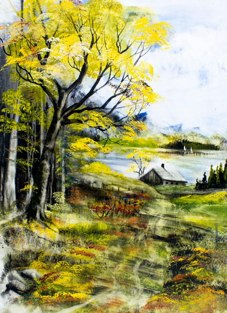 Inge Chase (German,SD,NE,1932-2016) oil painting: ARTIST: Inge Chase (Germany, South Dakota, Nebraska, 1932 - 2016) TITLE: Indian Summer YEAR: 1973 MEDIUM: oil on canvas board CONDITION: Few small scra