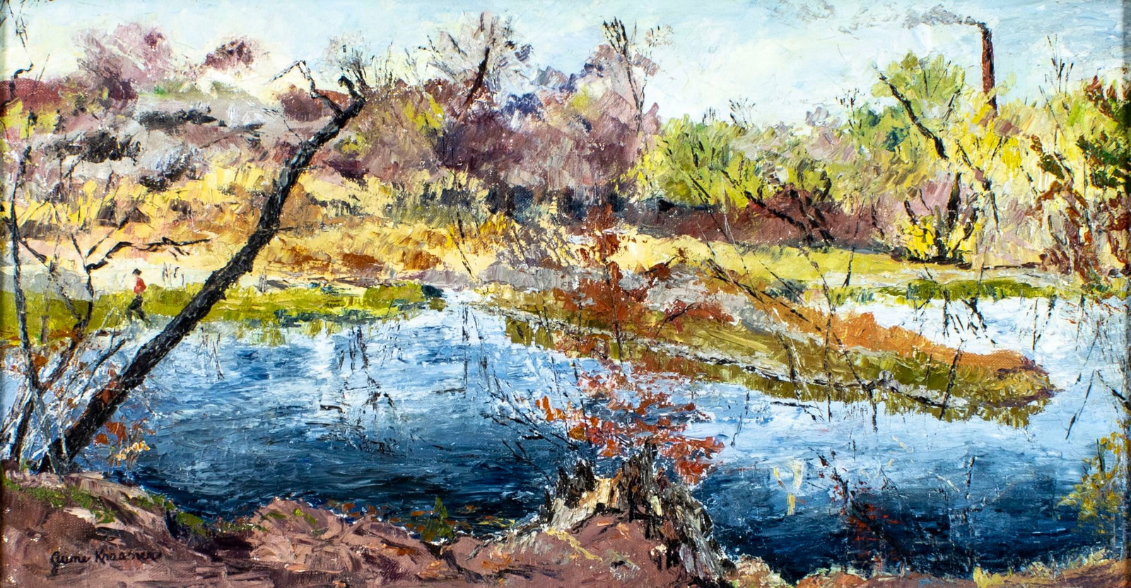 June Krasner (NJ,1905-1991) oil painting: ARTIST: June Krasner (New Jersey, 1905 - 1991) TITLE: Boy on River Island (titled on verso) MEDIUM: oil on canvas CONDITION: Very good. No visible inpaint under UV light. We