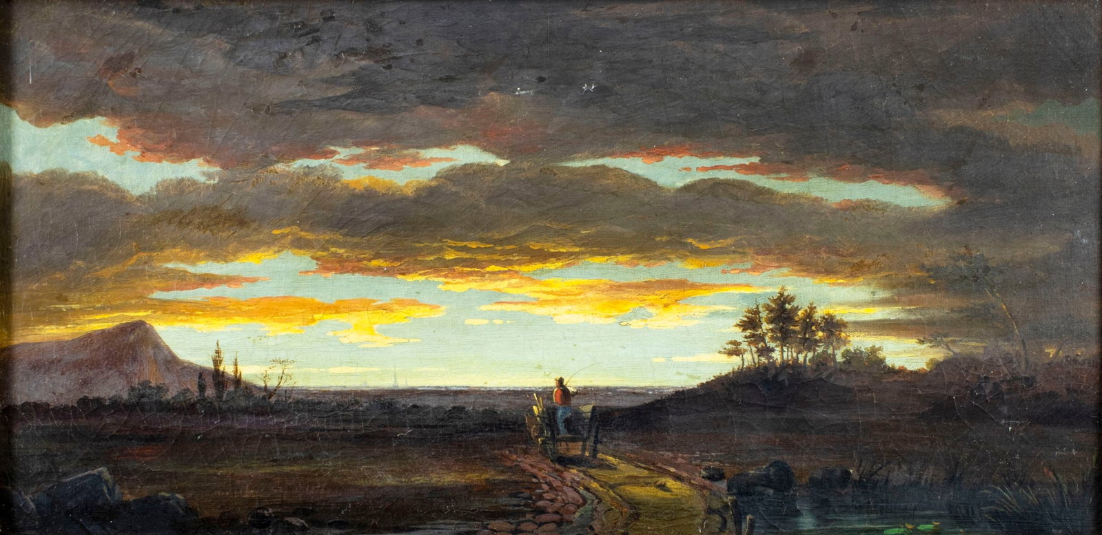 Antique 19C European oil painting: ARTIST: - (Europe, 19 century) TITLE: Sunset Landscape YEAR: circa 1881 MEDIUM: oil on canvas CONDITION: Relined. Missing a few flakes of paint. Some c
