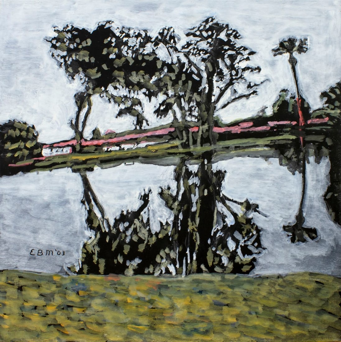 Evelyn Metzger (NY,Brazil,1911-2007) oil painting: ARTIST: Evelyn Borchard Metzger (New York, Brazilian, 1911 - 2007) TITLE: Lake Landscape YEAR: 2003 MEDIUM: oil on board CONDITION: Overall good. No visi