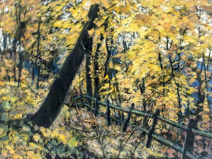 Evelyn Metzger (NY,Brazil,1911-2007) oil painting: ARTIST: Evelyn Borchard Metzger (New York, Brazilian, 1911 - 2007) TITLE: Autumn Forest Landscape MEDIUM: oil on board CONDITION: Some damages to corners. Some small paint