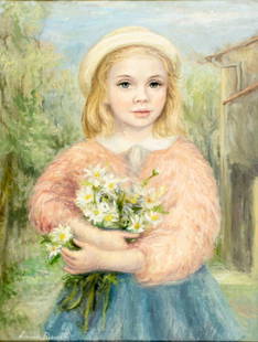 Leonardo Pizzanelli (Italy,1920-1984) oil painting: ARTIST: Leonardo Pizzanelli (Italian, 1920 - 1984) TITLE: Portrait of Girl with Camomiles MEDIUM: oil on canvas CONDITION: Very good. No visible inpaint under UV light.