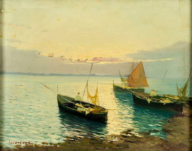 Lawrence Sciarrone (Italy,mid 20C) oil painting: ARTIST: Lawrence Sciarrone (Italian, mid 20 century) TITLE: Sunset Seascape with Fishing Boats MEDIUM: oil on canvas CONDITION: One pinhole puncture by the upper edge. Some