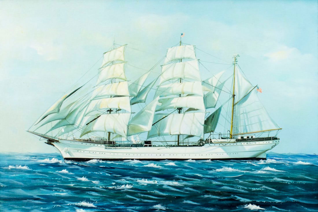 Dean Percy (US,20C) oil painting: ARTIST: Dean Percy (American, 20 century) NAME: Sail Ship MEDIUM: oil on canvas CONDITION: One small paint loss. No visible inpaint under UV light. SIGHT SIZE: 24 x 36 inches / 60 x 91 cm