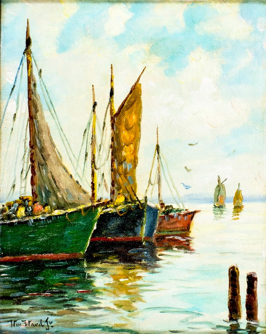Hjalmar Cappy Amundsen (ME,NY,MA,1911-2001) oil painting: ARTIST: Hjalmar Cappy Amundsen (Maine, New York, Massachusetts, 1911 - 2001) TITLE: Harbor Scene MEDIUM: oil on canvas board CONDITION: Very good. No visible inpaint unde