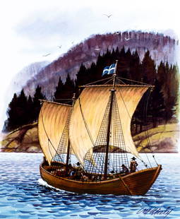 Tom McNeely (Canada,1935-?) mixed media painting: ARTIST: Tom McNeely (Canadian, 1935 - ???) TITLE: Samuel de Champlain YEAR: 2006 MEDIUM: mixed media on board CONDITION: Very good. No visible inpaint
