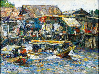 Patamares Livisit (Thai,b 1960) oil painting: ARTIST: Patamares Livisit (Thailand, born 1960) TITLE: Homes on the Waterway, Thailand (titled on stretcher) MEDIUM: oil on canvas CONDITION: Missing a few flakes of paint.