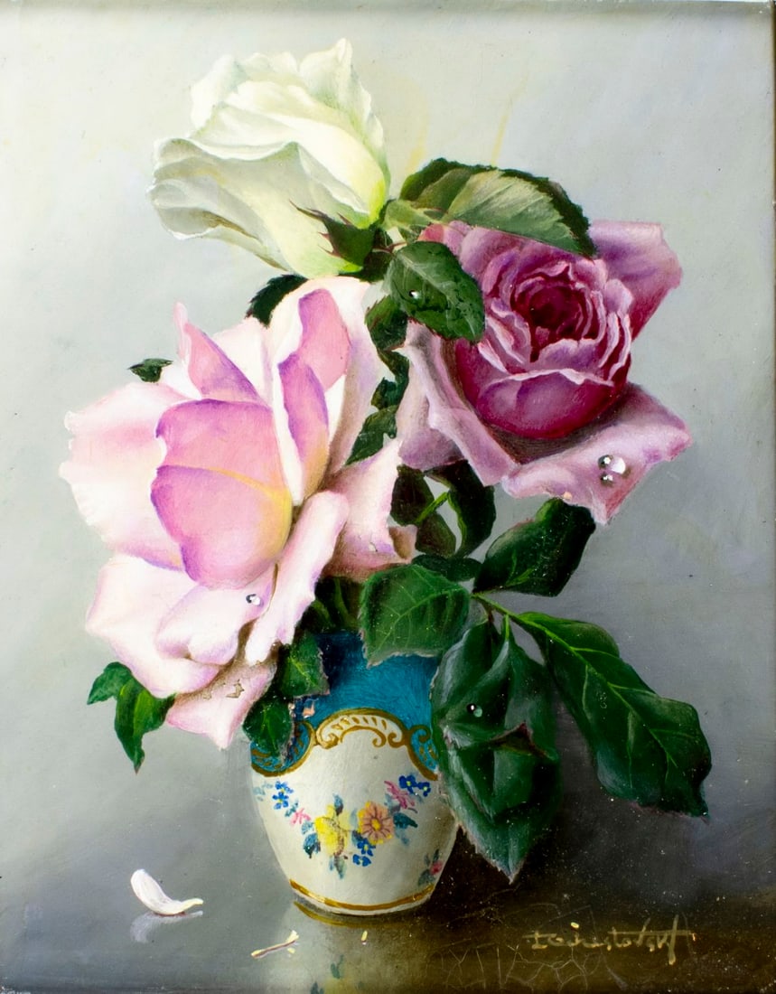 Irene Klestova (Russia,France,1908-1989) oil painting: ARTIST: Irene Klestova (Russian, French, 1908 - 1989) TITLE: Still Life with Vase of Roses MEDIUM: oil on board CONDITION: Some flaking/paint losses (see pictures carefull
