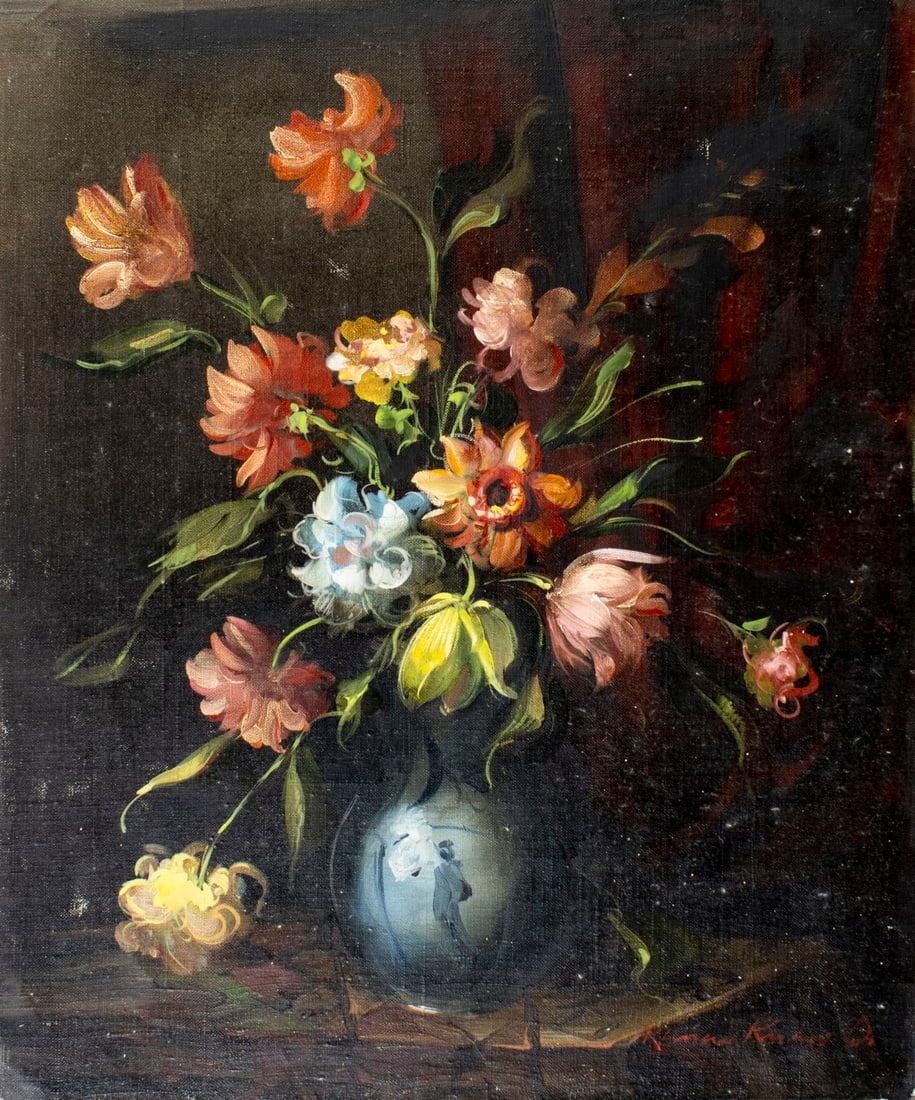 K Kassai (Europe,20C) oil painting: ARTIST: K Kassai (European, 20 century) TITLE: Still Life with Vase of Flowers MEDIUM: oil on canvas CONDITION: Unstretched (In-House stretching available). Some small paint