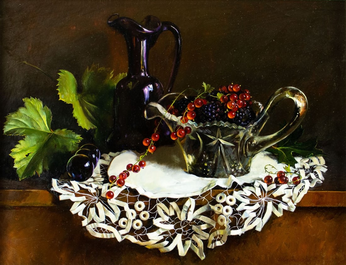 Alexander Selytin (UT,Russia,20/21C) oil painting: ARTIST: Alexander Dimitrovich Selytin (Utah, Russian, 20/21 centuries) TITLE: Still Life with Jug and Berries YEAR: 1993 MEDIUM: oil on canvas CONDITION: