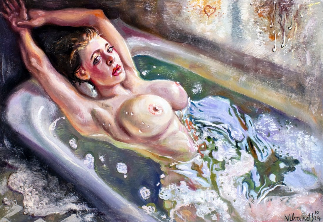 Valentin Ukrainets (Ukraine,b 1965) oil painting: ARTIST: Valentin Ukrainets (Ukrainian, born 1965) TITLE: Nude - Thoughts in a Warm Bathroom near a Cold Rainy Window (titled on verso) MEDIUM: oil on heavy paper CONDITION: