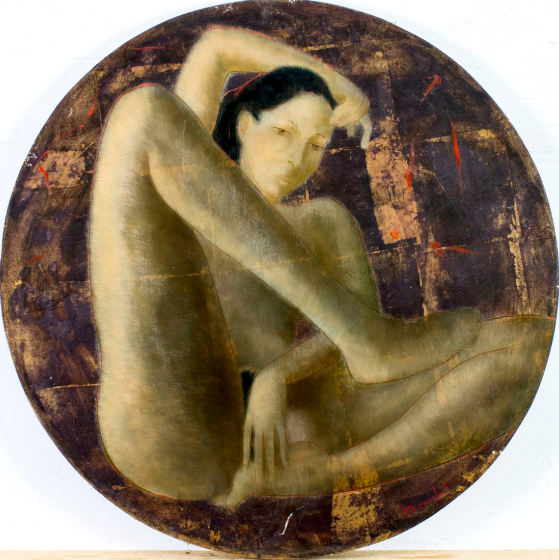 Alain Bonnefoit (France,1937-?) oil painting: ARTIST: Alain Bonnefoit (French, 1937 - ???) TITLE: Nude MEDIUM: oil on board CONDITION: Some scratches/paint losses. No visible inpaint under UV light. ART SIZ