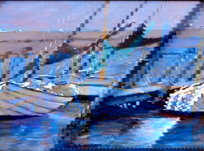Robert Waltsak (NJ,b 1944) oil painting: ARTIST: Robert Alan Waltsak (New Jersey, born 1944) TITLE: Harbor Scene with Boat MEDIUM: oil on board CONDITION: Very good. No visible inpaint under UV light. Minor scratches to frame. ART SIZE: 12