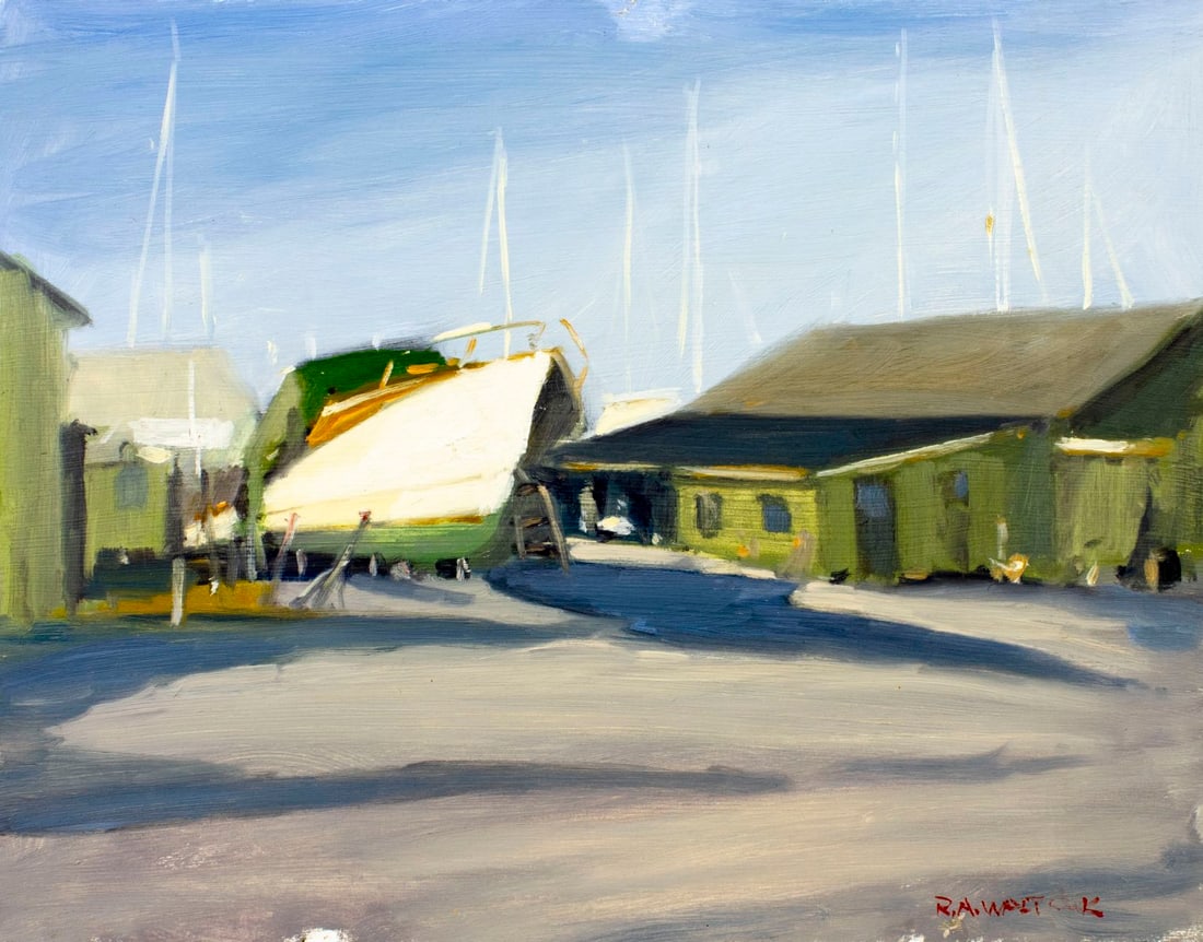 Robert Waltsak (NJ,b 1944) oil painting: ARTIST: Robert Alan Waltsak (New Jersey, born 1944) TITLE: Boatyard Scene MEDIUM: oil on board CONDITION: Overall good. No visible inpaint under UV light. ART SIZ