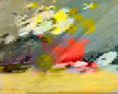 Robert Waltsak (NJ,b 1944) oil painting: ARTIST: Robert Alan Waltsak (New Jersey, born 1944) TITLE: Still Life with Fruit and Flowers MEDIUM: oil on board CONDITION: Overall good. No visible inpaint under UV light. Normal wear along edges.