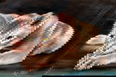 Oleg Yurtaev (Russia,b 1981) oil painting: ARTIST: Oleg Yurtaev (Russian, born 1981) TITLE: Cat - Hunter (titled on verso) MEDIUM: oil on canvas CONDITION: Unstretched (In-House stretching available). Very good. No v