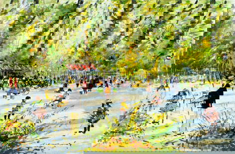 Franz Martinek (Austria,1920-2007) oil painting: ARTIST: Franz Martinek (Austrian, 1920 - 2007) TITLE: Park Scene MEDIUM: oil on canvas CONDITION: Unstretched (In-House stretching available). Some craquelure. No visible