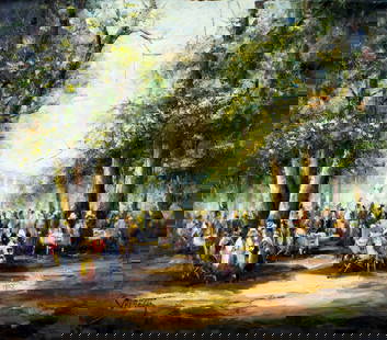 J Waldeck (German,20C) oil painting: ARTIST: J Waldeck (Germany, 20 century) TITLE: Park Scene MEDIUM: oil on canvas CONDITION: Unstretched (In-House stretching available). Few minor paint losses. No visible in