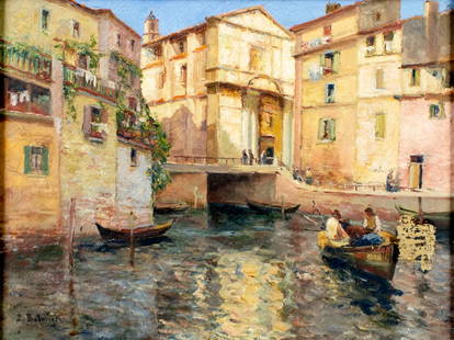 Paul Marcel Balmigere (France,1882-1953) oil painting: ARTIST: Paul Marcel Balmigere (French, 1882 - 1953) TITLE: Venice Canal Cityscape, Italy MEDIUM: oil on canvas CONDITION: Few patches. Some paint losses (see pictures care