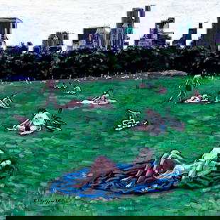 Evelyn Metzger (NY,Brazil,1911-2007) oil painting: ARTIST: Evelyn Borchard Metzger (New York, Brazilian, 1911 - 2007) TITLE: Central Park Scene, NY YEAR: 1995 MEDIUM: oil on board CONDITION: Some scratche