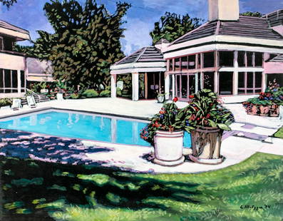 Evelyn Metzger (NY,Brazil,1911-2007) oil painting: ARTIST: Evelyn Borchard Metzger (New York, Brazilian, 1911 - 2007) TITLE: Backyard Scene with Pool YEAR: 1994 MEDIUM: oil on board CONDITION: Minor dam