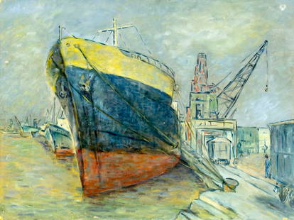 Evelyn Metzger (NY,Brazil,1911-2007) oil painting: ARTIST: Evelyn Borchard Metzger (New York, Brazilian, 1911 - 2007) TITLE: Port Scene MEDIUM: oil on board CONDITION: Some damages to edges and corners. Some scratches/pain