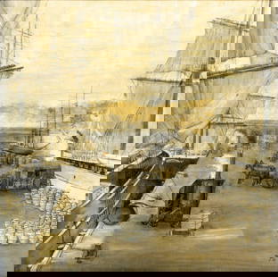 Vintage 20C American oil painting signed: ARTIST: - (American, 20 century) TITLE: Harbor Scene with Horse Carriage YEAR: 1972 MEDIUM: oil on canvas CONDITION: Some craquelure. No visible inpai